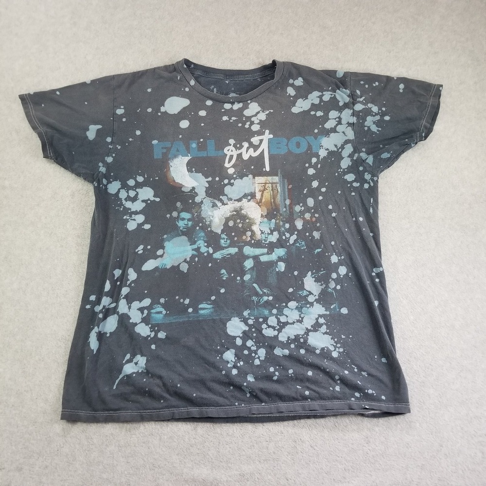 Fall Out Boy Shirt Mens Large Black Bleach Splatter Graphic Rock Band Emo Punk